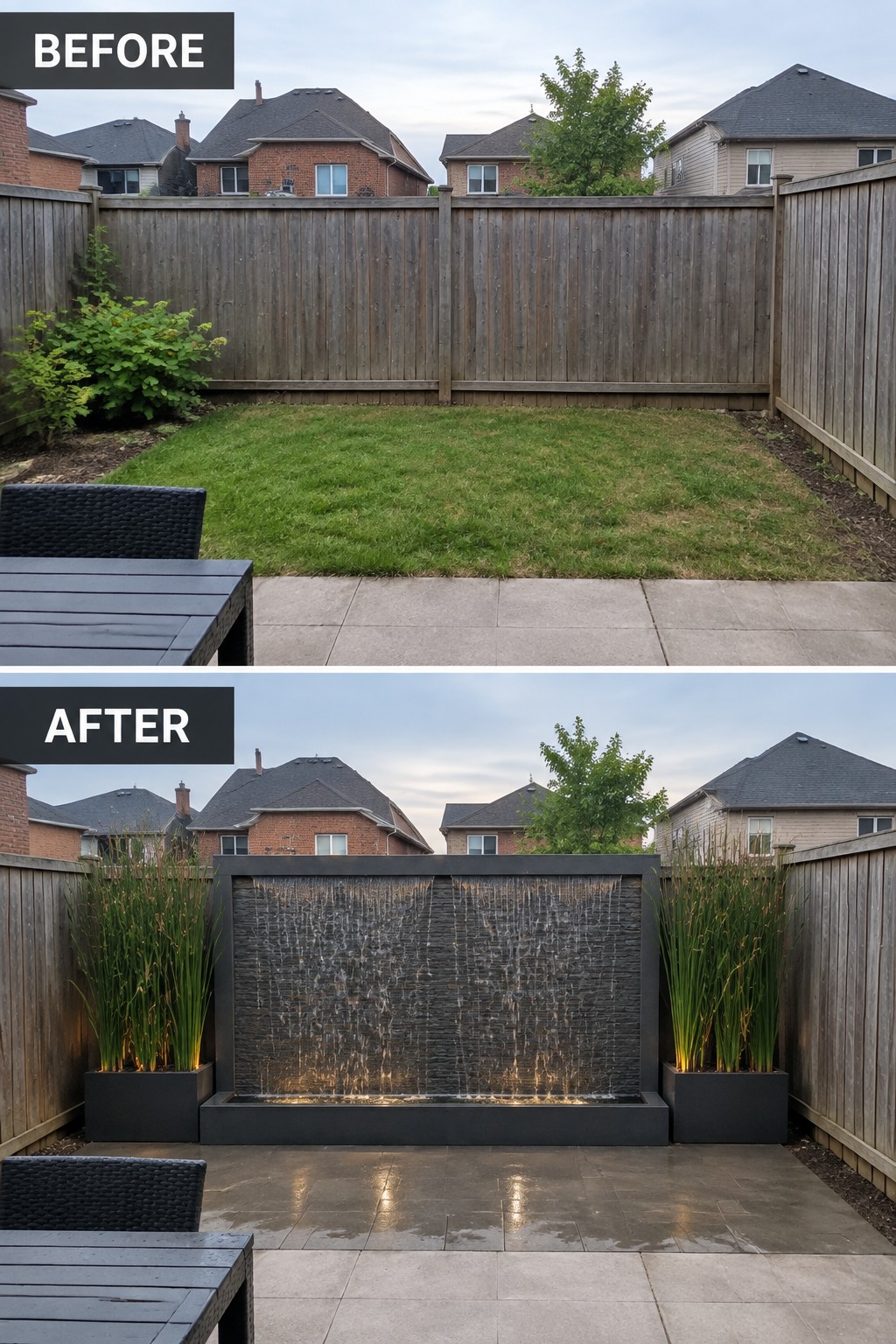 Before and after backyard with new illuminated stone water fountain and planters.