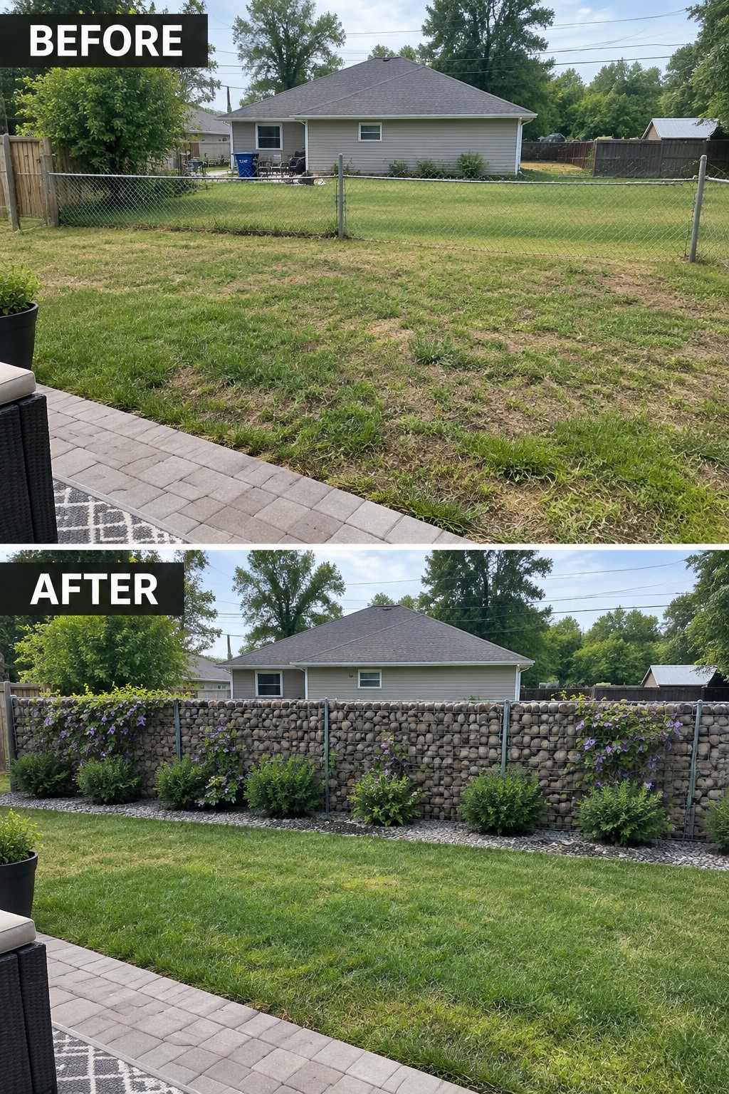 Before and after backyard with chain-link fence replaced by flowering gabion wall.