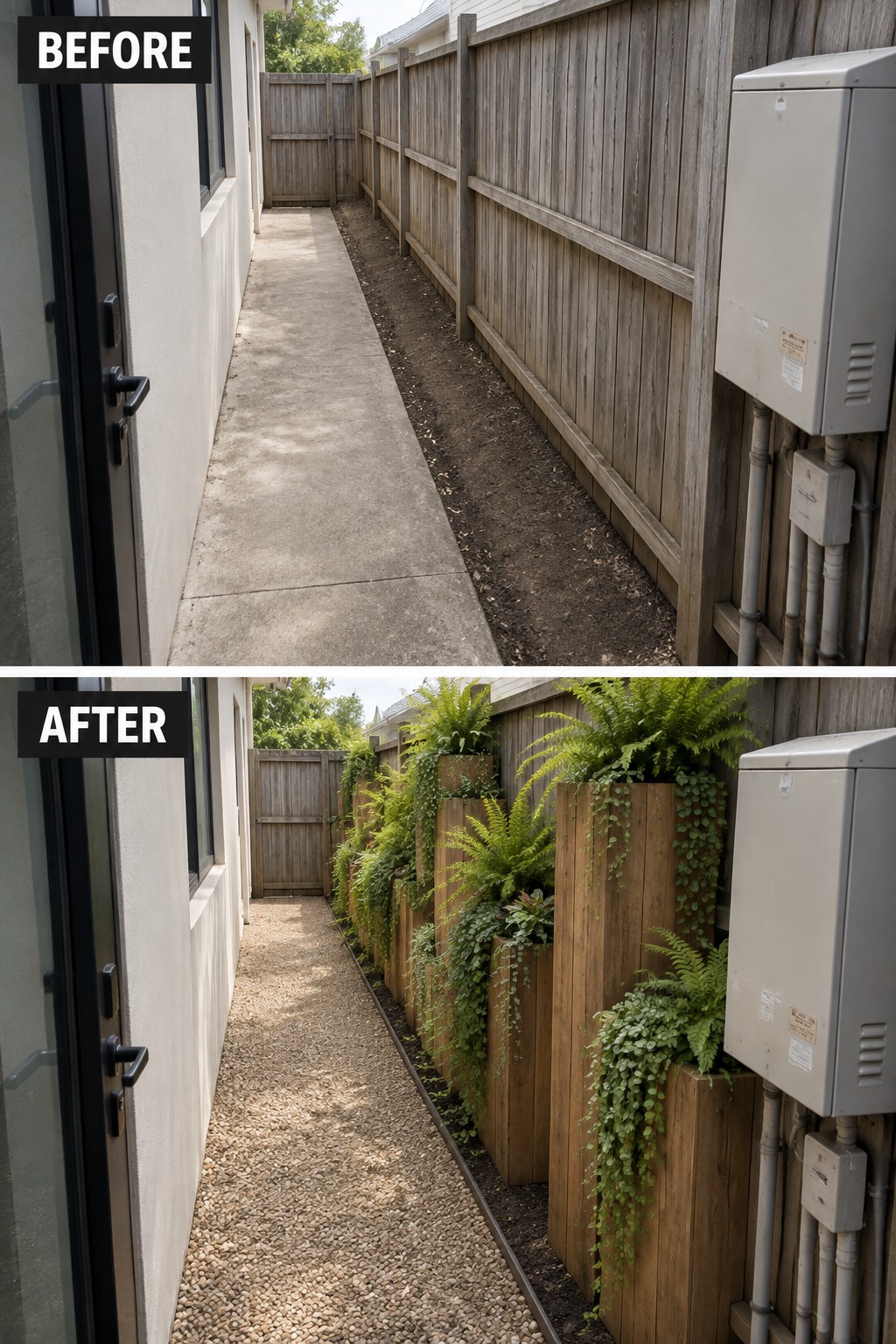 Before and after of narrow walkway with gravel path and fern-filled wooden planters.