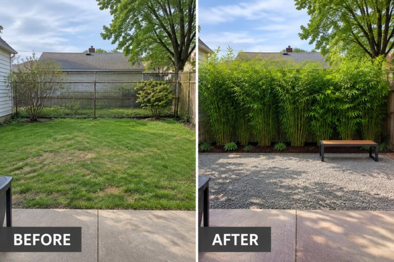 25 Bold Backyard Landscaping Ideas Designed for Outdoor Privacy Before-after backyard: overgrown weeds replaced by tall bamboo hedge, gravel path, and bench.