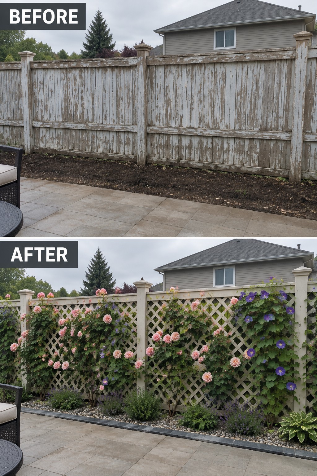 Before and after of weathered fence repainted white with rose-covered lattice.