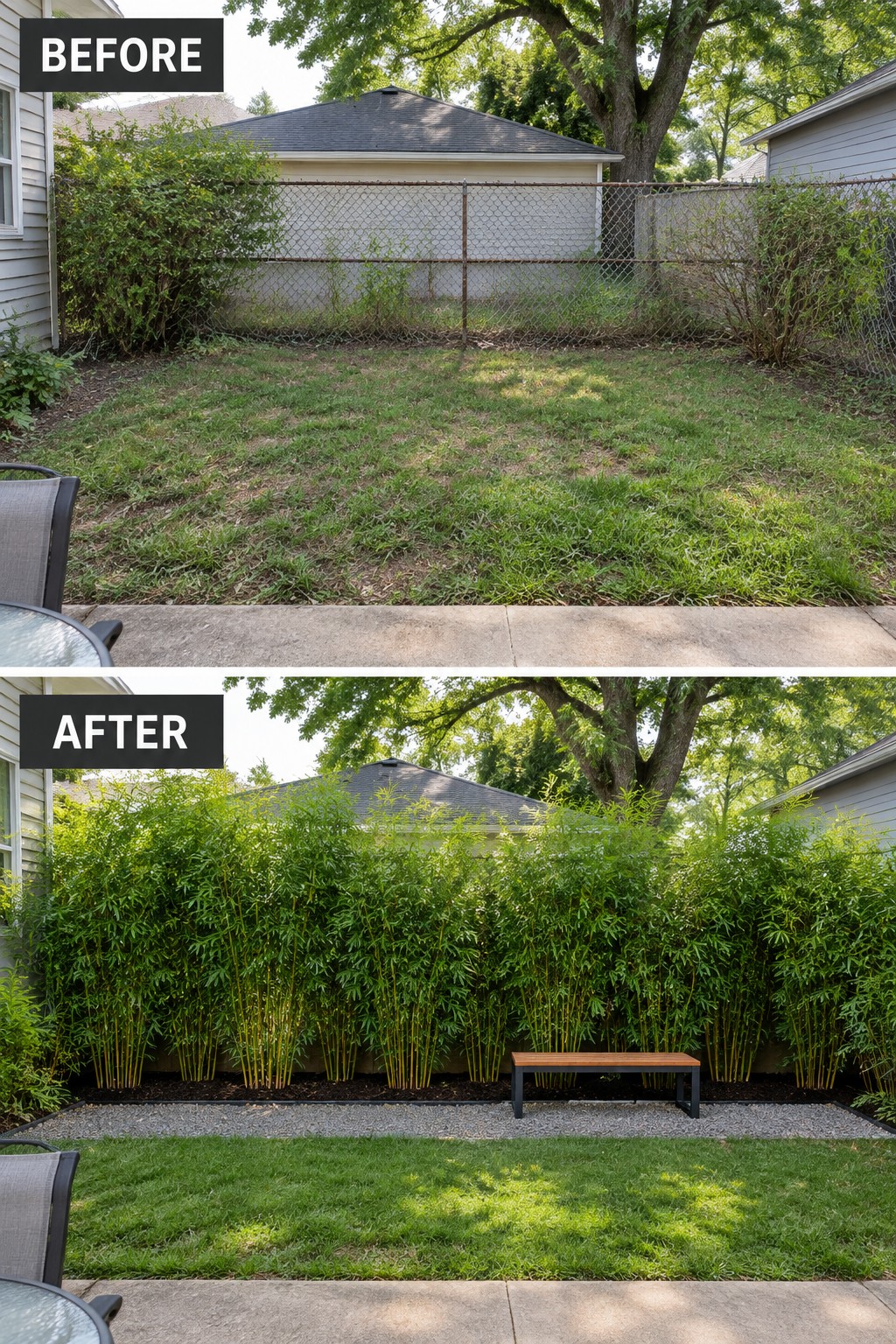Before-after backyard: overgrown weeds replaced by tall bamboo hedge, gravel path, and bench.
