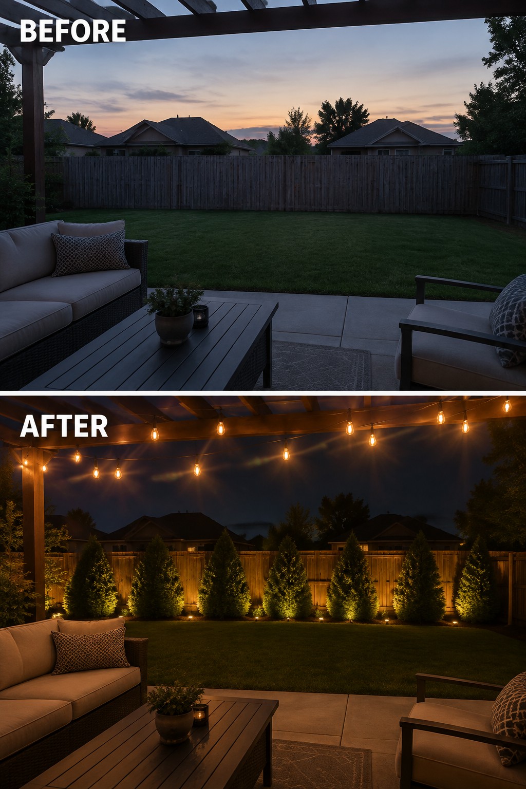 Before and after patio at dusk with string lights and uplighted trees.