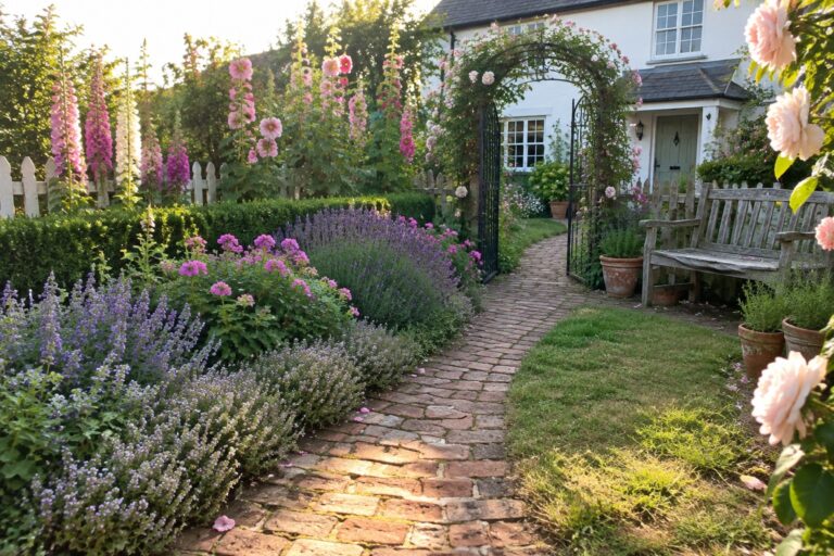 19 Charming Cottage Garden Design Ideas Using Layered Flower Borders A brick path runs between layered flower borders with tall hollyhocks and foxgloves at the back, lavender and purple perennials in the middle, and low white blooms along the front edge, leading toward a white cottage.