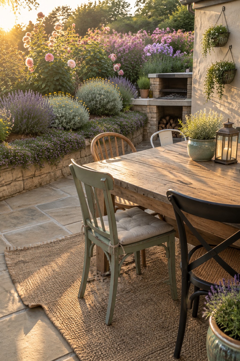 A wooden dining table with mixed chairs sits on a stone patio bordered by layered flower beds in varying heights, with a stone outdoor fireplace in the background.