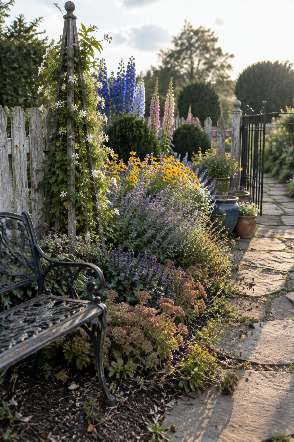 A cottage garden border with layered flowers of varying heights and colors beside a stone path and an old metal bench.