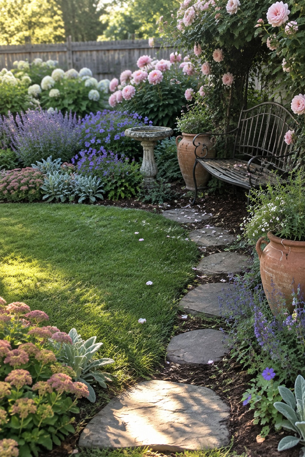 Curving stone path through lush garden with pink roses, bench, and birdbath