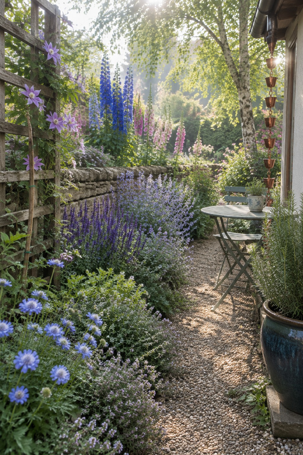 Garden path lined with colorful flowers beside blue table and rain chain