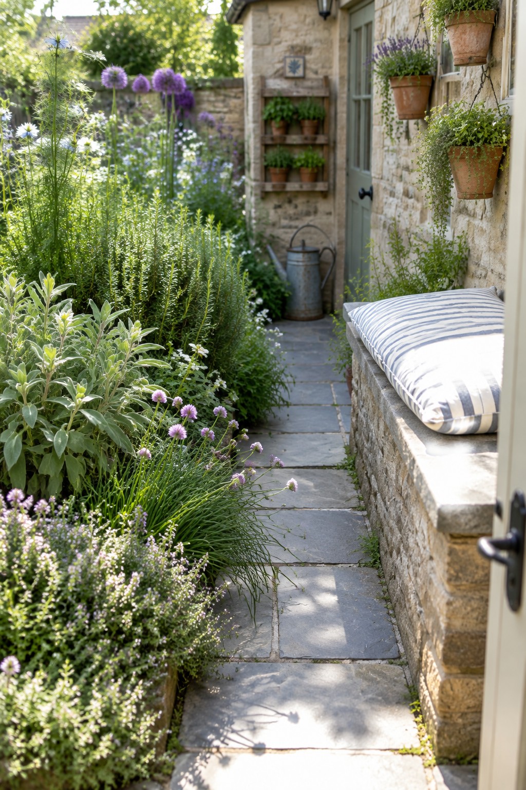 A narrow stone path bordered by layered flower beds with tall purple alliums, white daisies, and low mounds of pink and purple blooms beside a stone cottage wall with potted plants and a striped cushion on a stone bench.