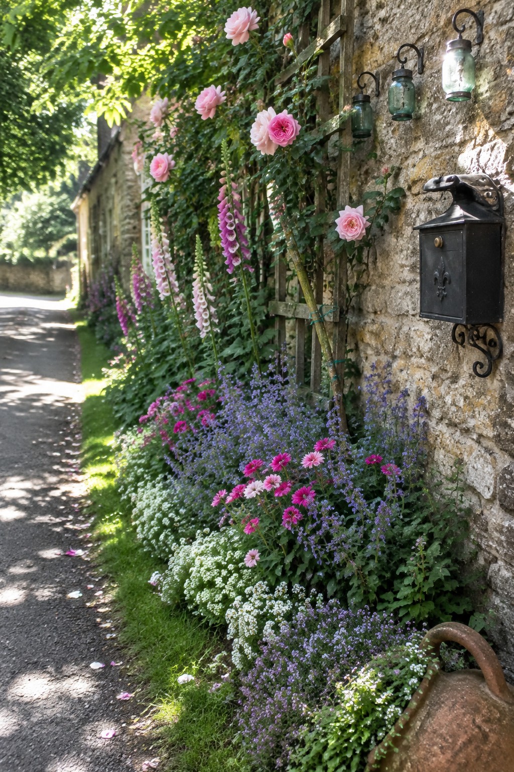 A stone wall garden border with tall pink roses and foxgloves rising above clusters of purple, pink, and white flowers of varying heights along a narrow path.