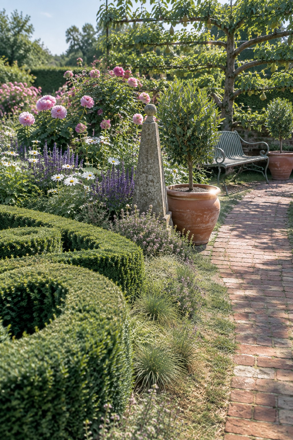 Brick path winds past pink roses, stone obelisk, terracotta pots, and green bench.