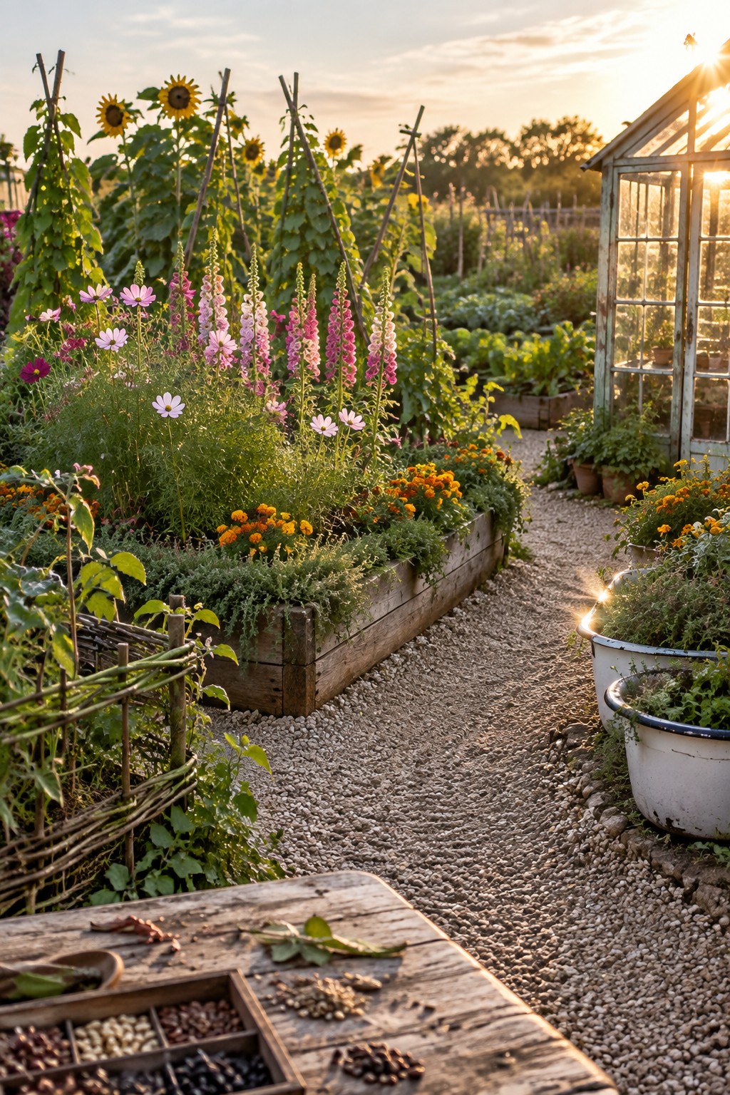 Colorful flowers in raised beds along gravel path with seeds on foreground table at sunset