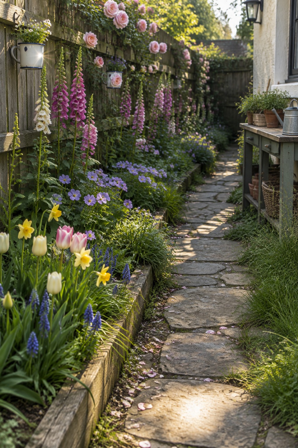 A narrow stone path runs between layered flower borders filled with tall foxgloves, shorter purple blooms, and clusters of tulips and daffodils along a wooden fence.