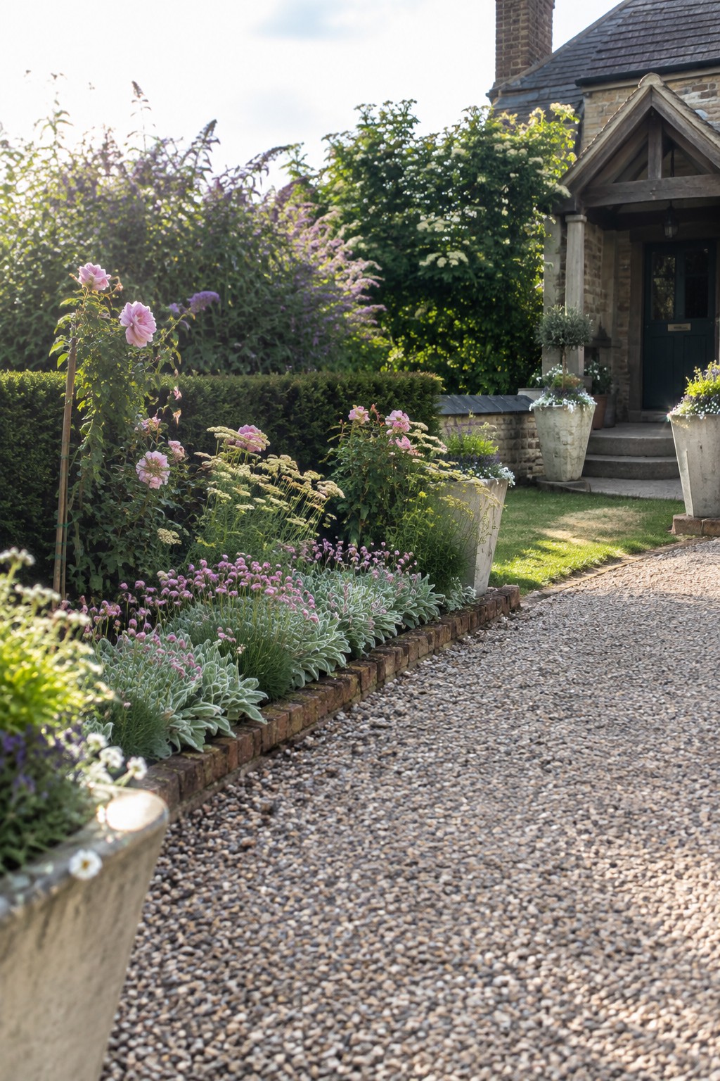 Garden path with pink roses and stone pots beside a cottage with blue door.