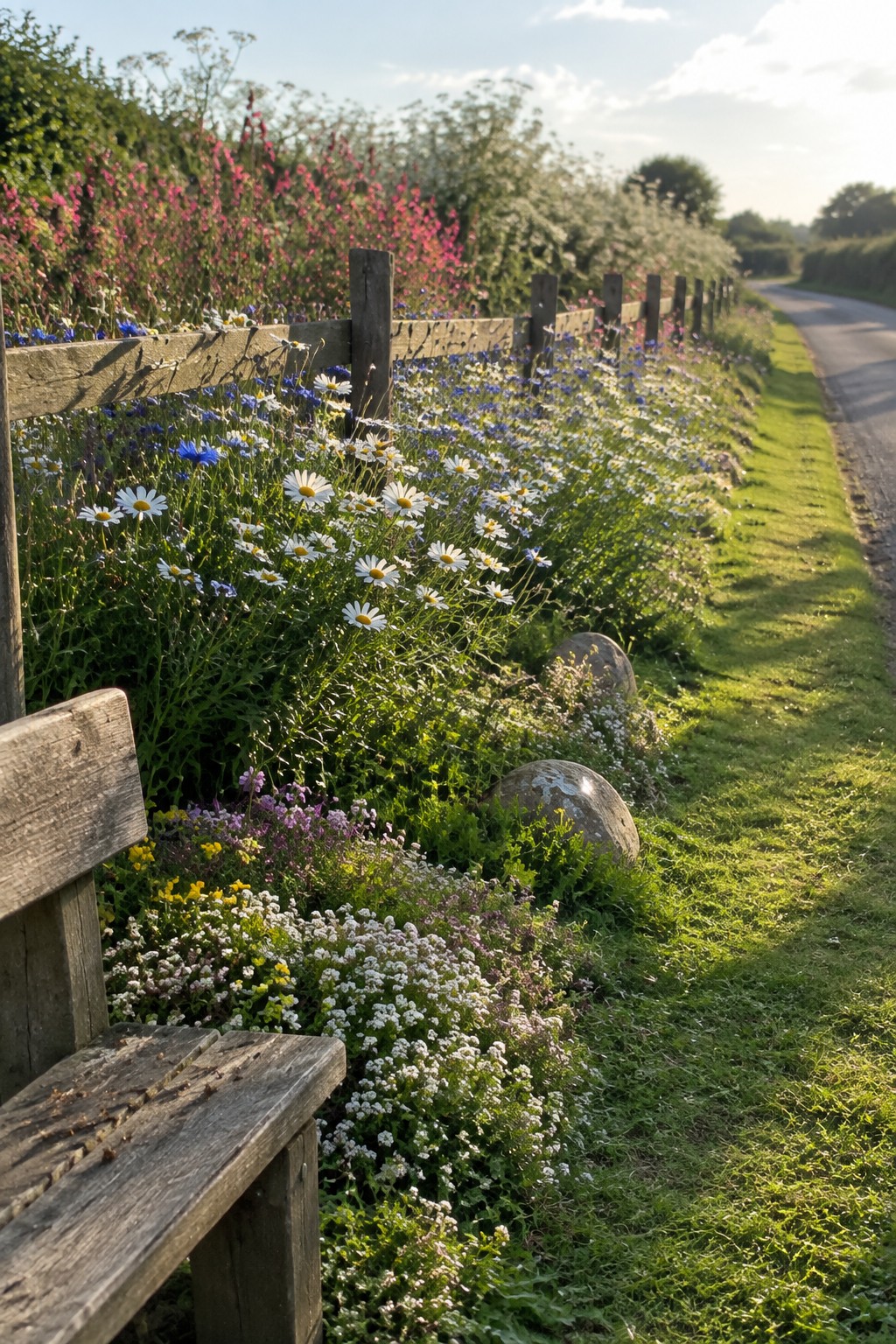 A wooden fence borders a dense layered flower bed with white daisies, blue blooms, and smaller white flowers in front, next to a grassy path and wooden bench.