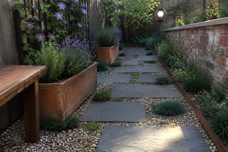 Narrow stone path with terracotta pots of purple flowers beside brick walls and bench