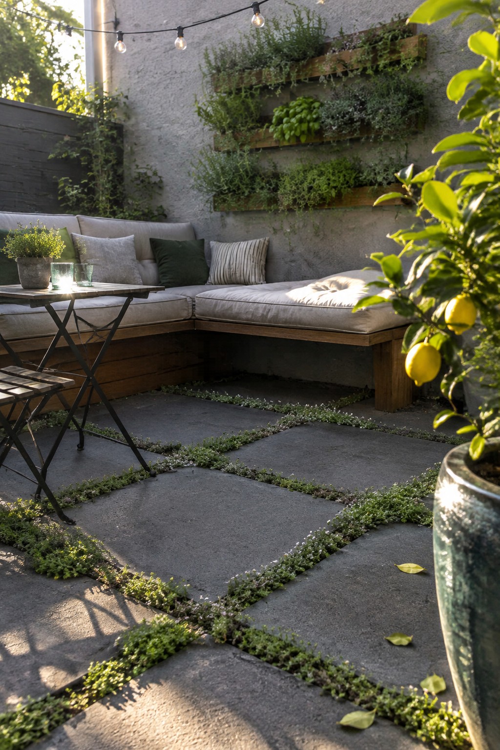 Large gray pavers form a patio floor with narrow strips of low green plants growing in the joints between the stones.