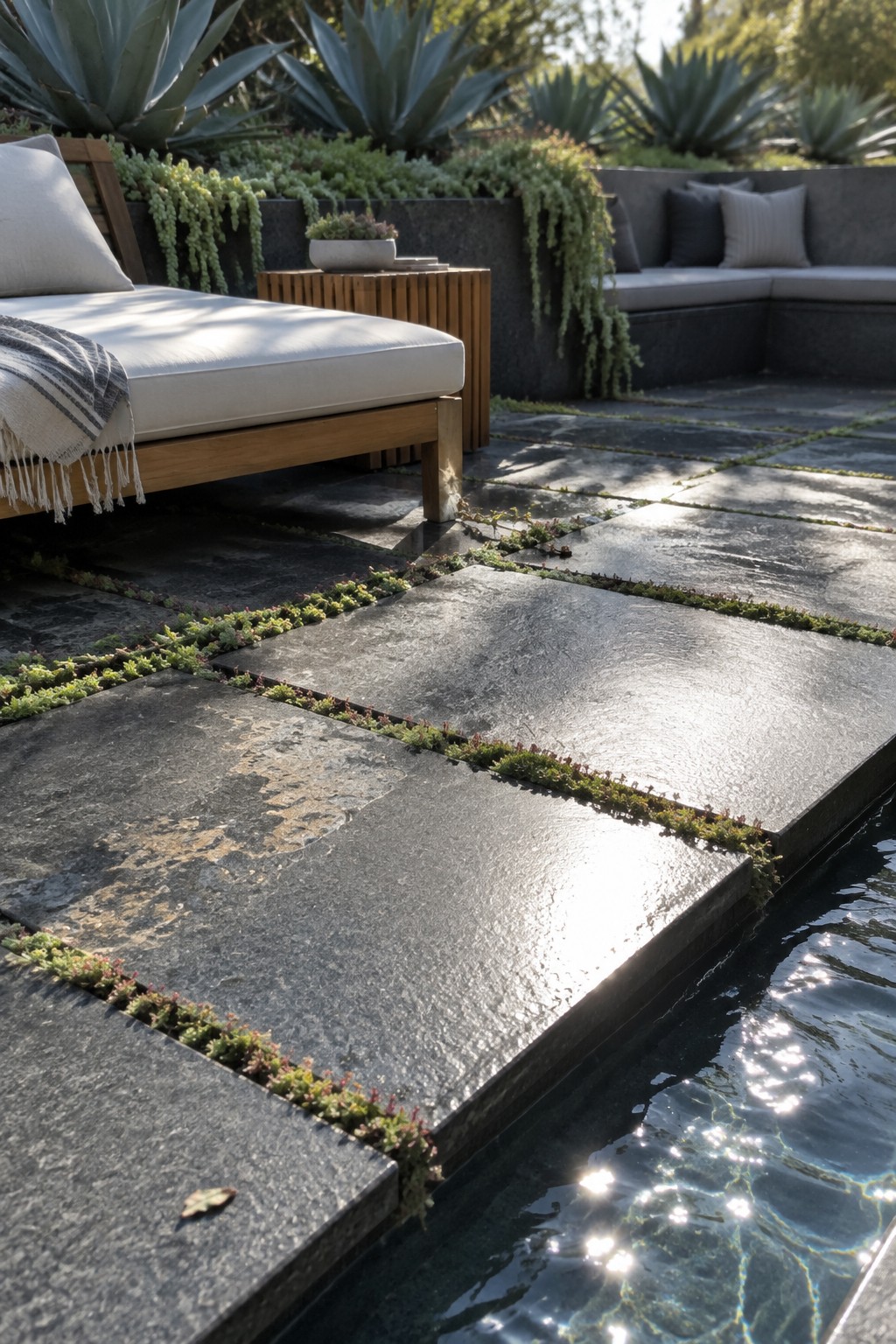 Large dark stone pavers with rows of small succulents growing in the joints beside a pool.