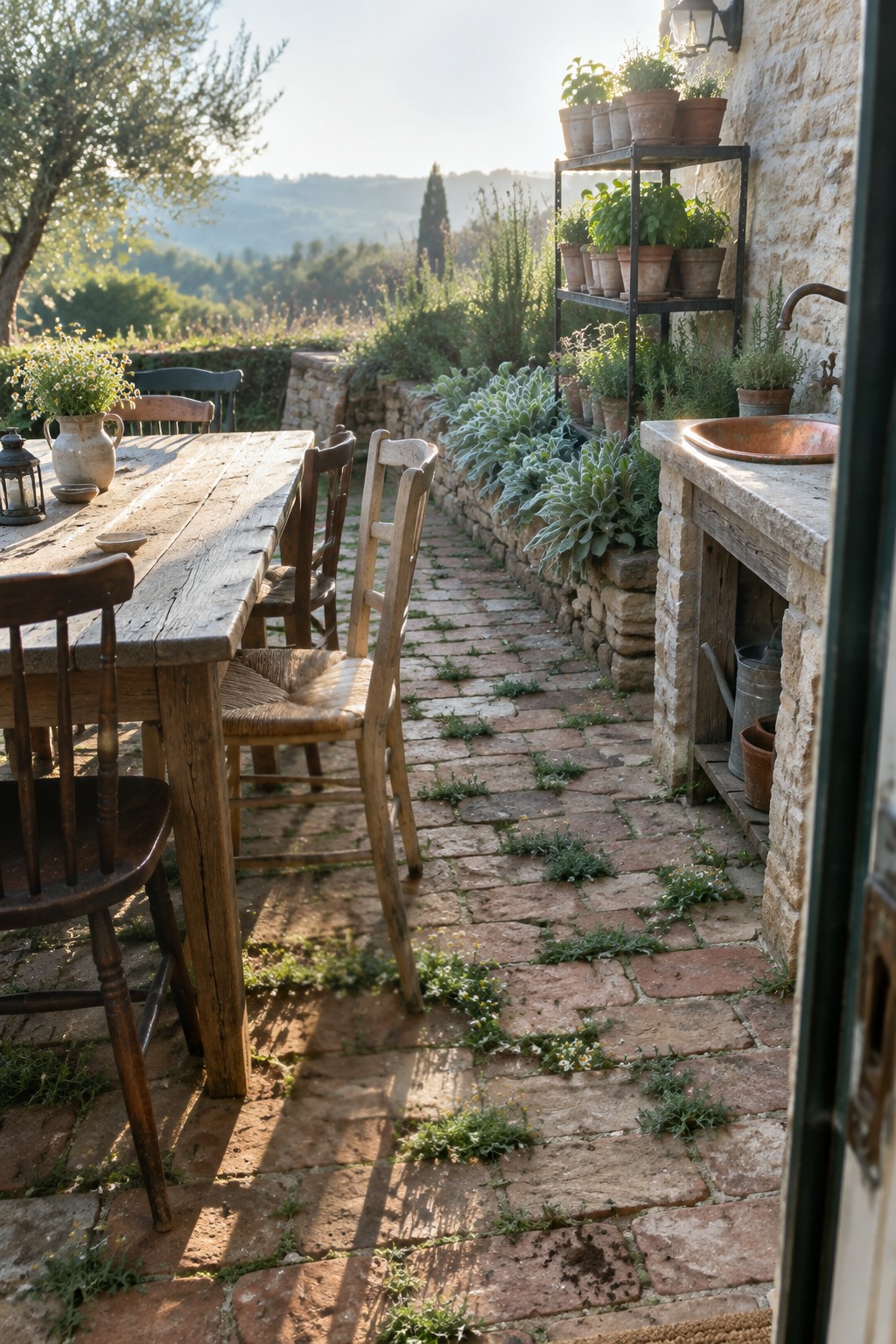 A brick-paved outdoor path with small plants growing in the joints, bordered by a wooden table with chairs and a stone wall with potted plants and a sink.
