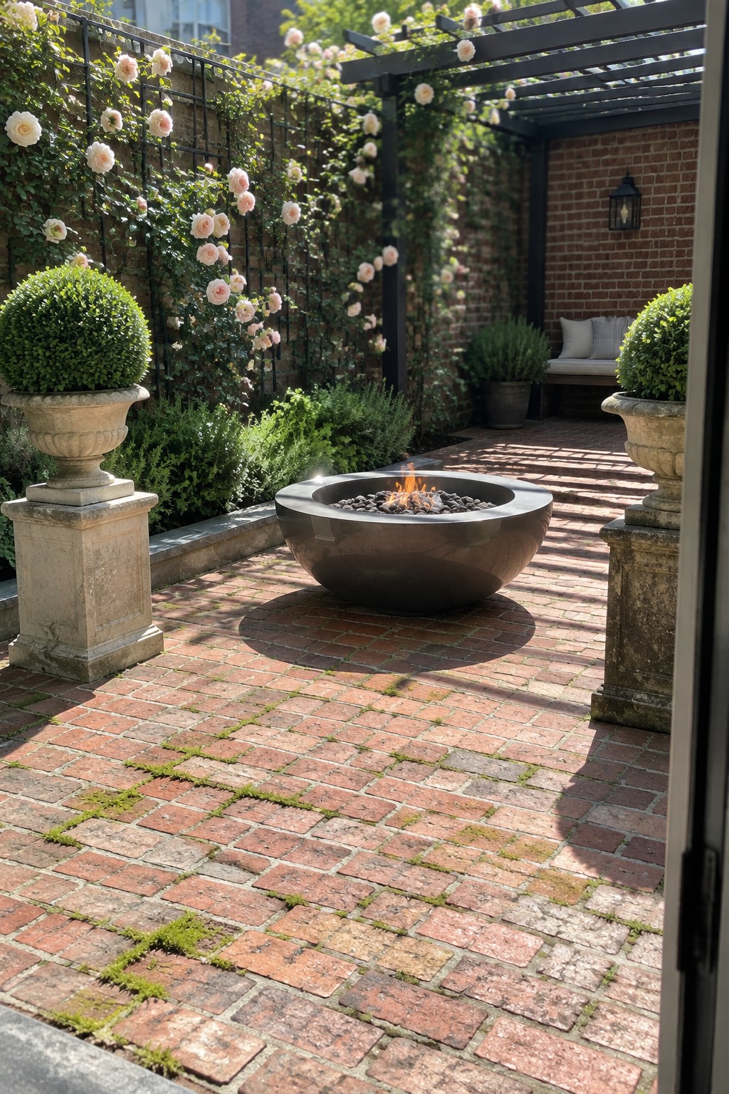 A brick patio with moss growing in the joints between pavers, centered around a round metal fire pit, flanked by stone urns with shrubs and climbing roses on a black trellis.