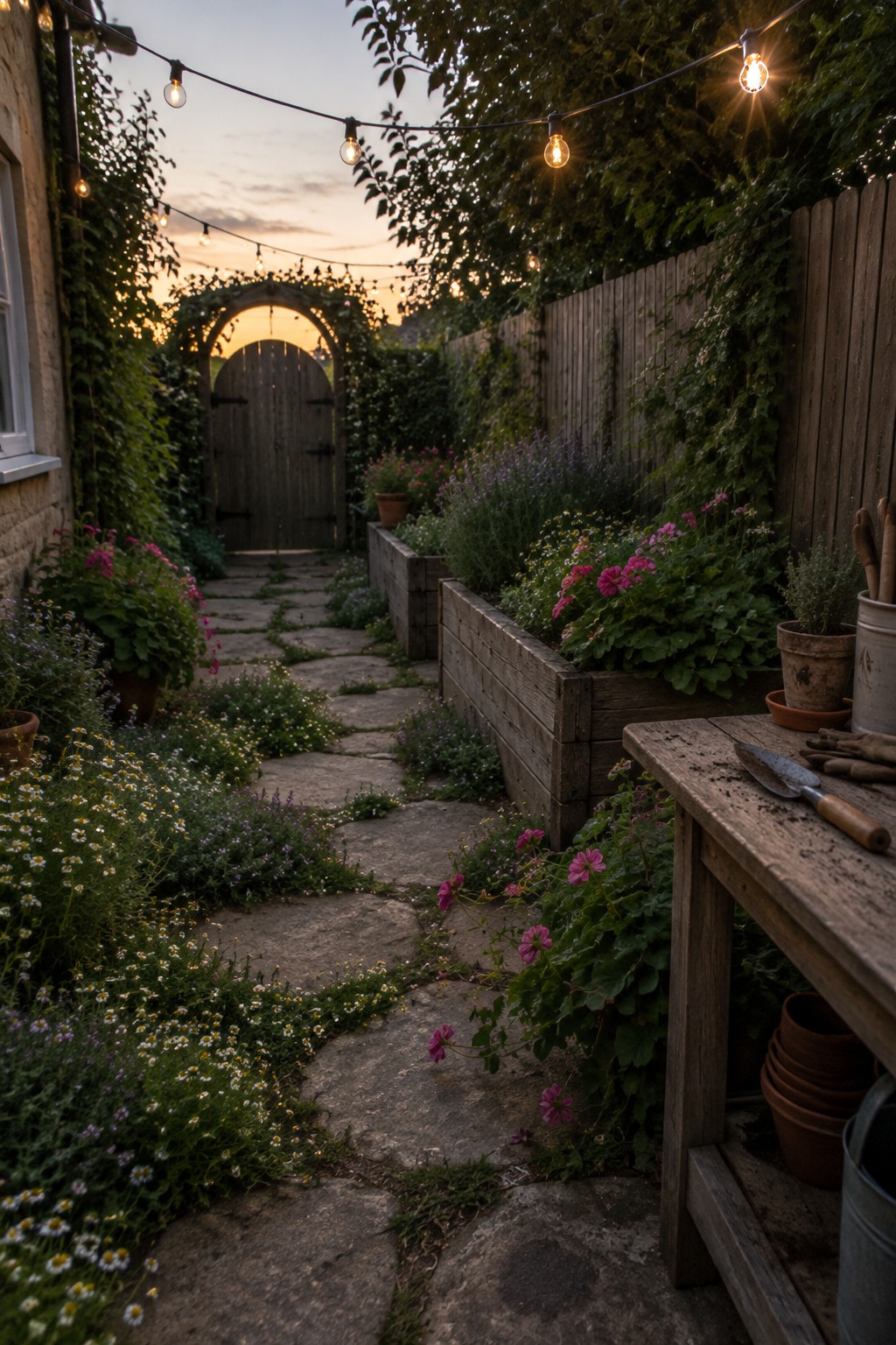 A stone paver path with plants growing in the joints runs through a garden lined with raised beds and flowers toward a wooden gate.