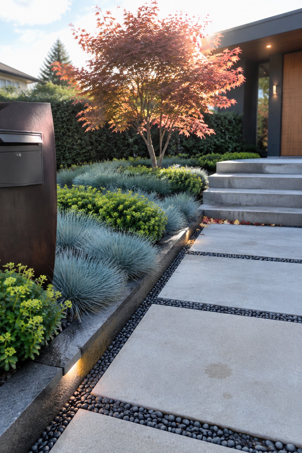 Modern concrete path with pebble borders winds past blue grasses and red maple to steps