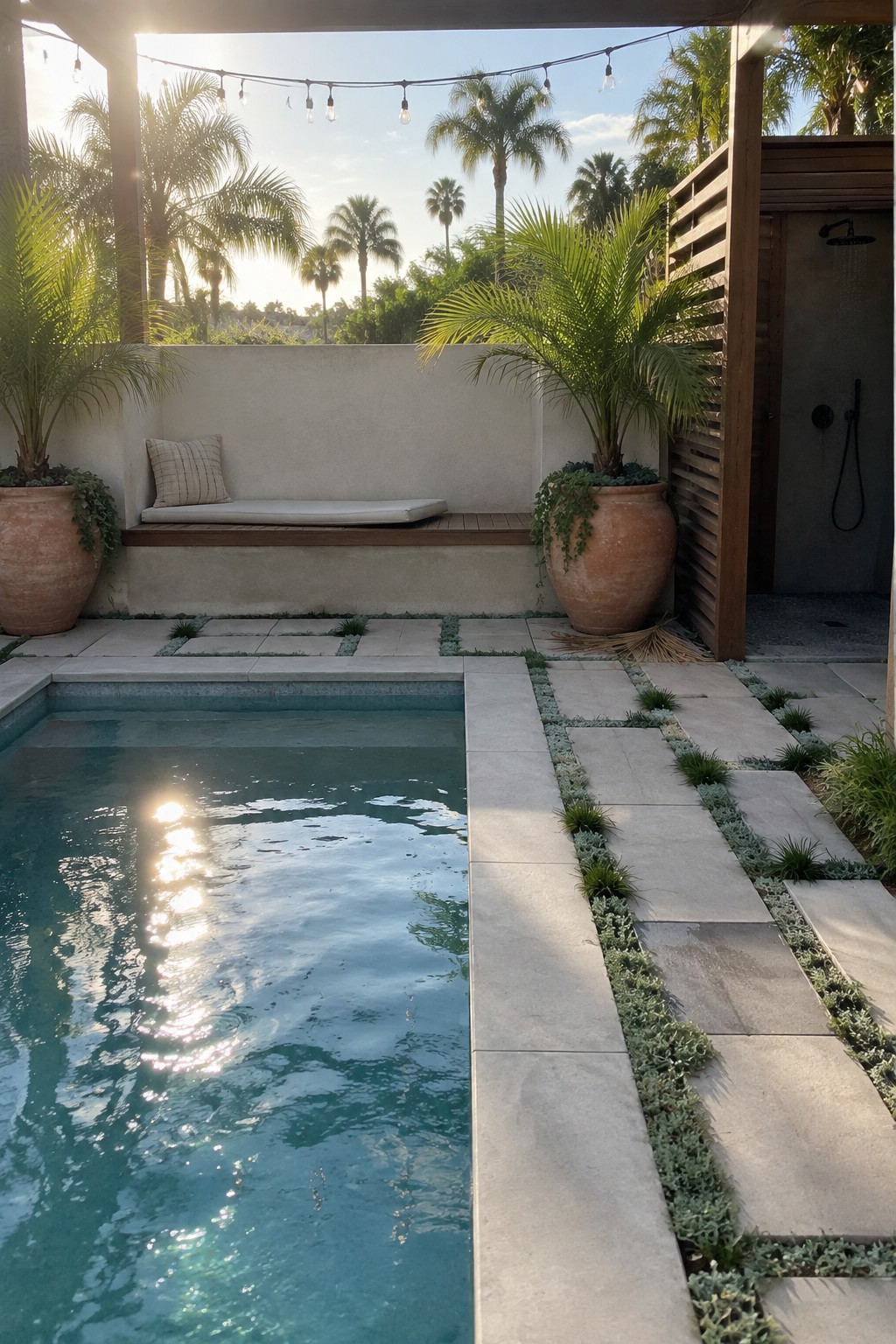 A backyard pool area paved with large rectangular stones that have low plants growing in the joints between them, along with large terracotta pots and an outdoor shower.