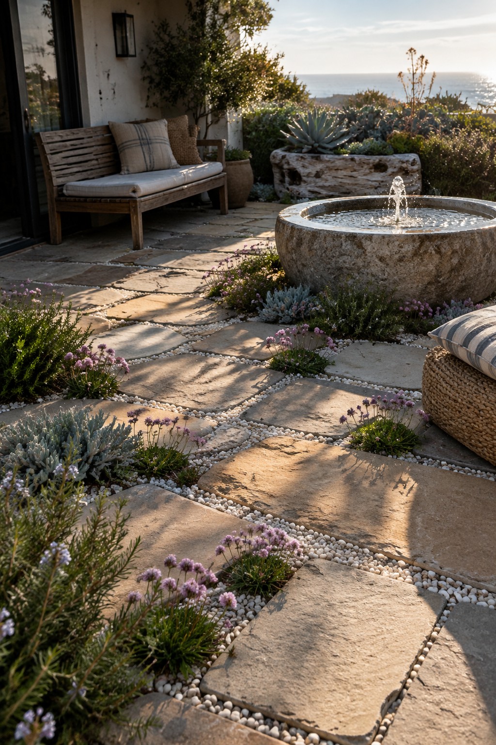 A garden pathway made of large irregular stone pavers with white pebbles and clusters of small purple flowering plants filling the joints, beside a round stone fountain.