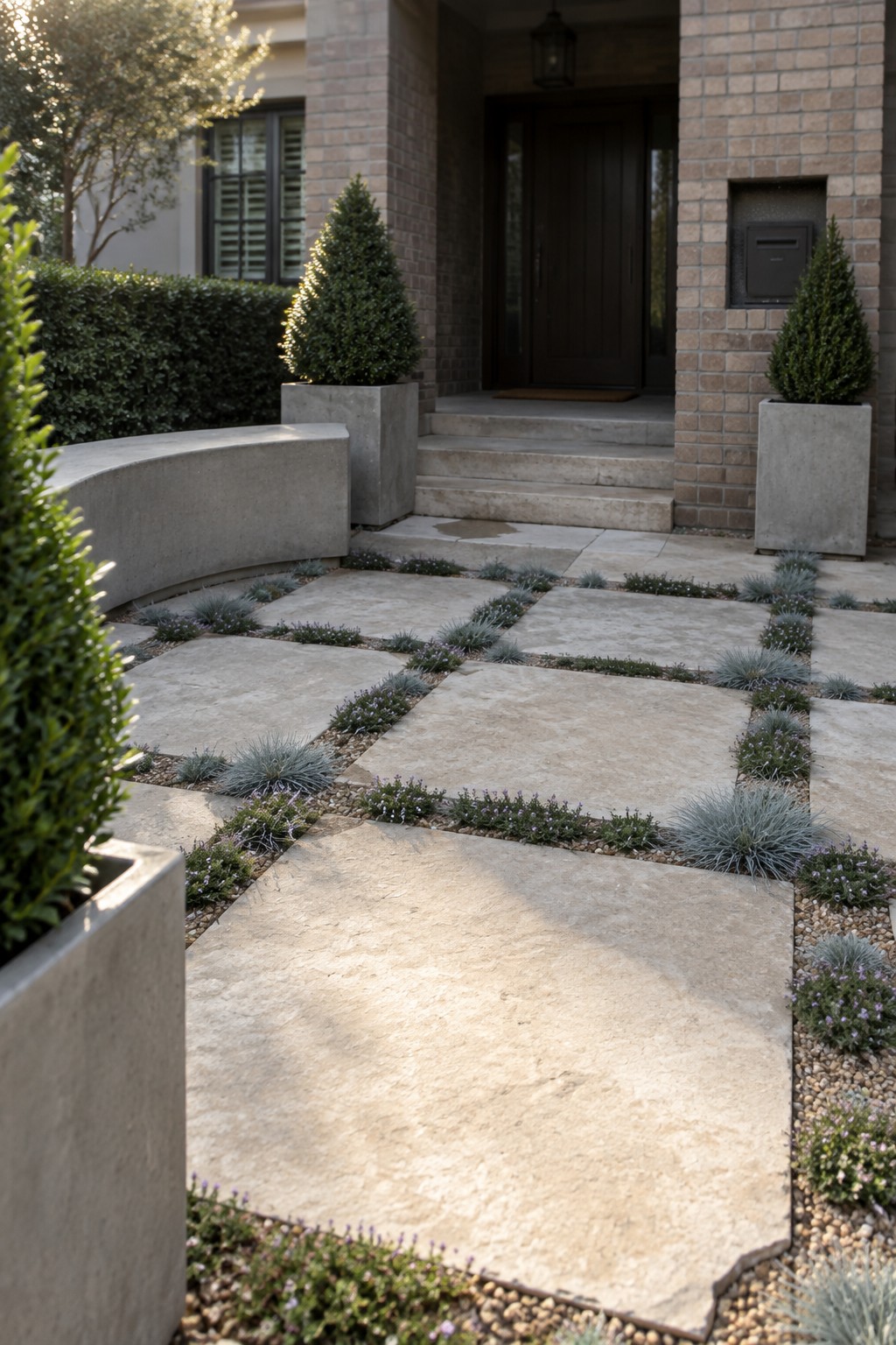 A walkway made of large beige pavers with low plants and gravel in the joints, bordered by concrete planters holding shrubs, in front of a brick house entrance.