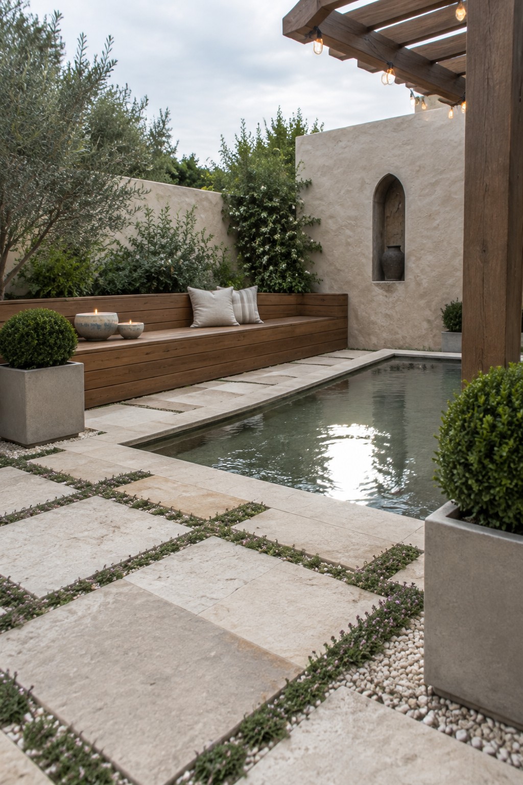 A patio of large stone pavers with planted joints borders a narrow pool, with a wooden bench and potted plants along the edge.