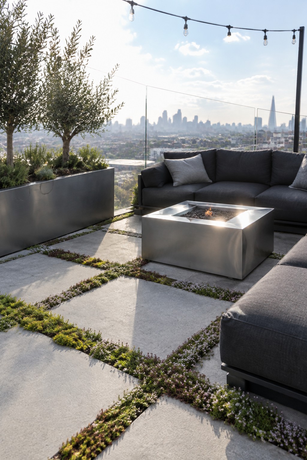 A rooftop terrace with large gray pavers separated by strips of low green and flowering plants, a square metal fire pit, and dark gray sectional seating overlooking a city skyline.
