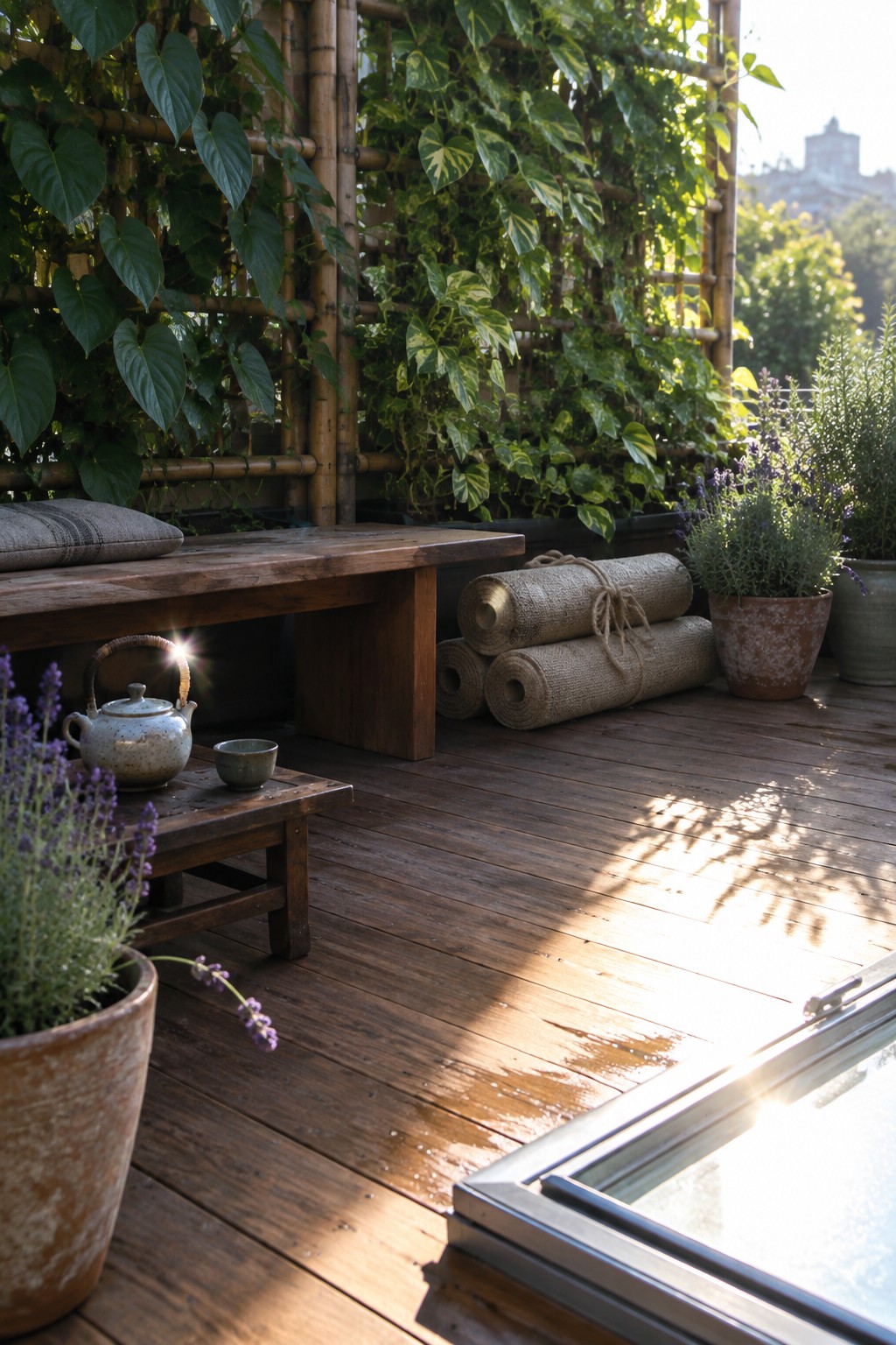 A wooden rooftop deck with a bamboo trellis covered in large green climbing leaves, potted lavender plants, a low wooden bench, and rolled mats on the floor.