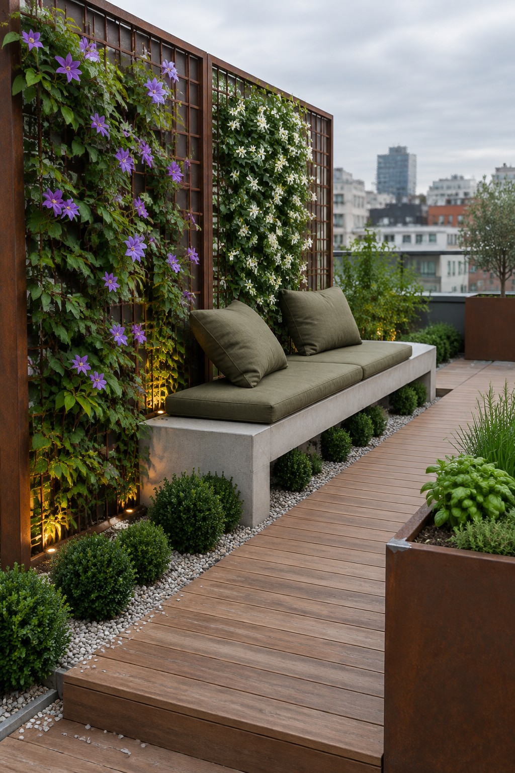 Rooftop terrace featuring a concrete bench backed by a metal trellis covered in green vines with purple and white flowers, adjacent to a wooden deck.