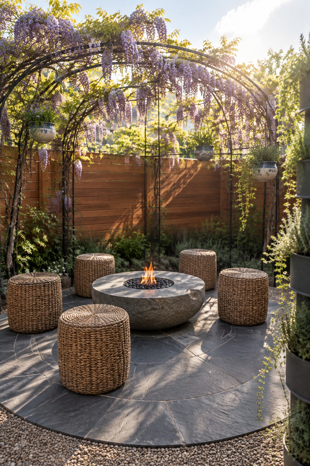A circular stone patio with a central fire pit and woven stools sits beneath a black metal arch draped in purple wisteria, bordered by a wooden fence and potted plants.