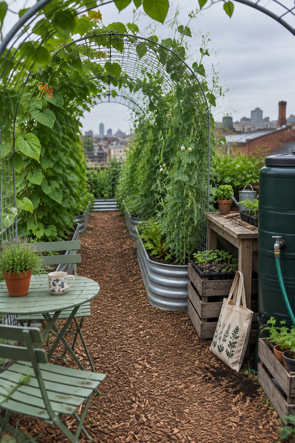 A rooftop garden path runs under a long arched metal trellis covered in dense green climbing plants, with raised beds on both sides, a small green table and chairs, and a water barrel visible on the right.