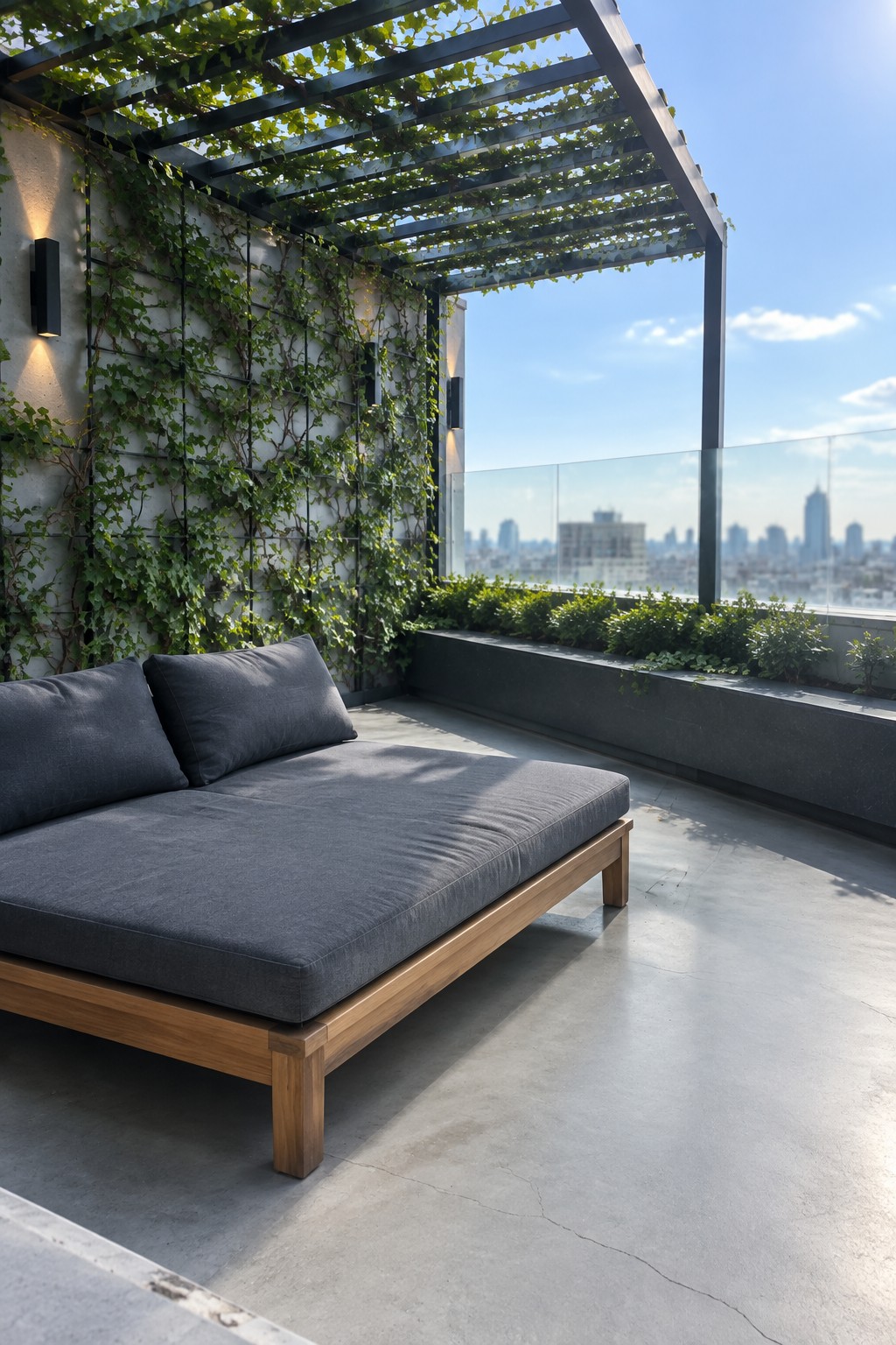Modern wooden daybed with gray cushions on rooftop terrace with vertical garden and city view