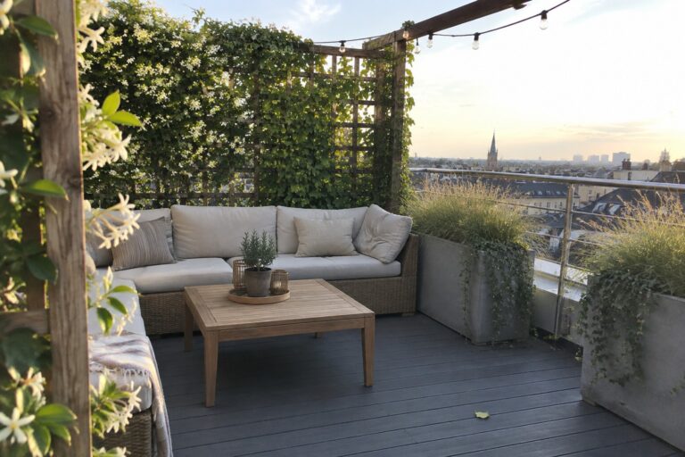 24 Clever Roof Garden Privacy Ideas Using Trellises and Climbing Plants Cozy rooftop deck with beige sectional sofa, wooden table, string lights, vines, and city skyline.