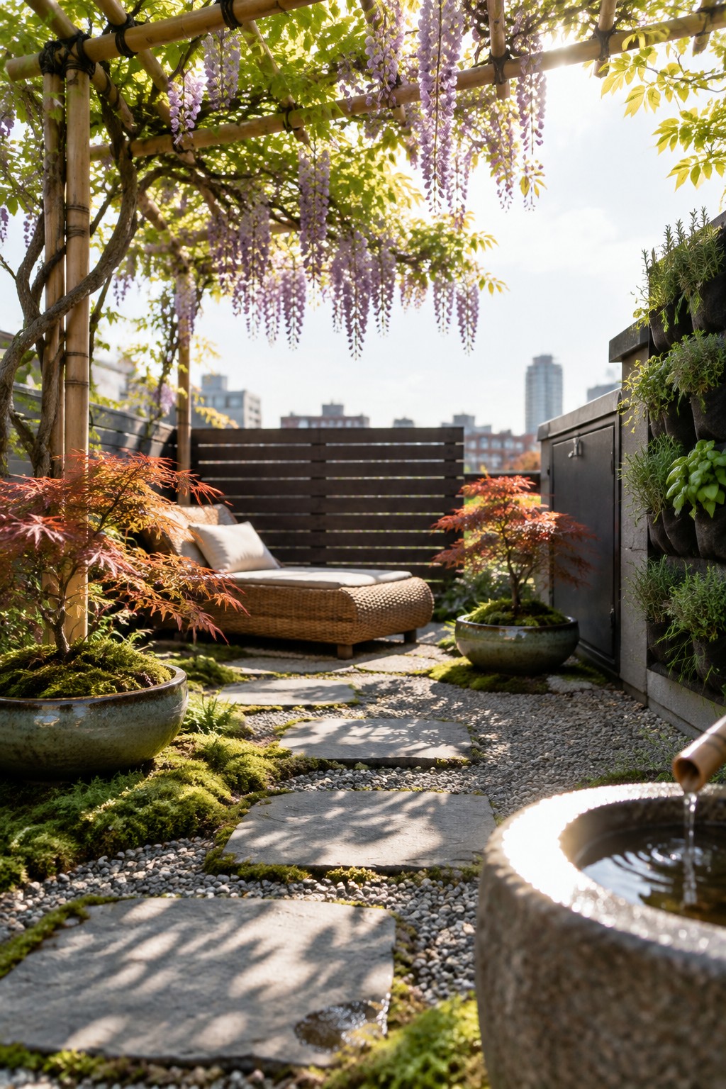 Serene Japanese garden with wisteria-covered bamboo pergola, stone path, and water basin.