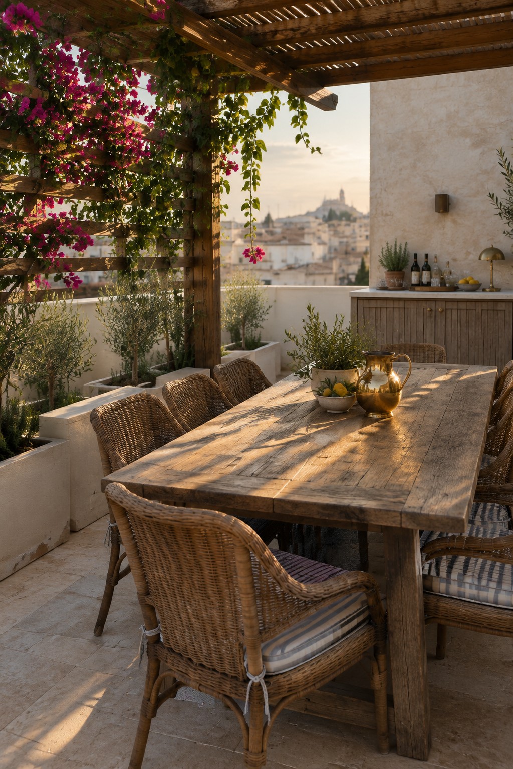 A wooden pergola draped in pink flowering vines shades a long rustic dining table surrounded by wicker chairs on a rooftop terrace.