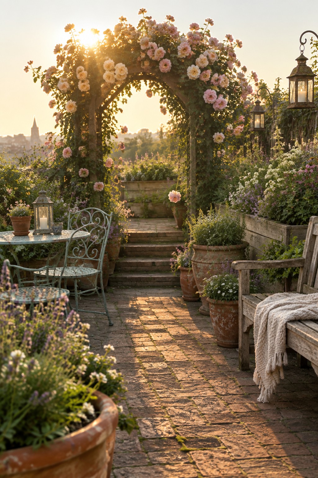 Romantic garden at sunset with rose-covered arch, brick path, bench, and lanterns