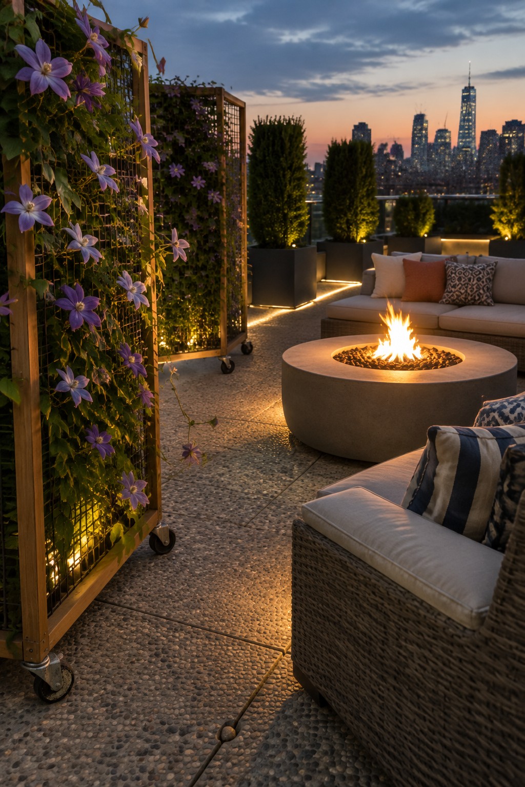 Rooftop terrace at dusk with a round concrete fire pit, wicker seating, and mobile wooden trellises covered in climbing vines with purple flowers positioned on the left.