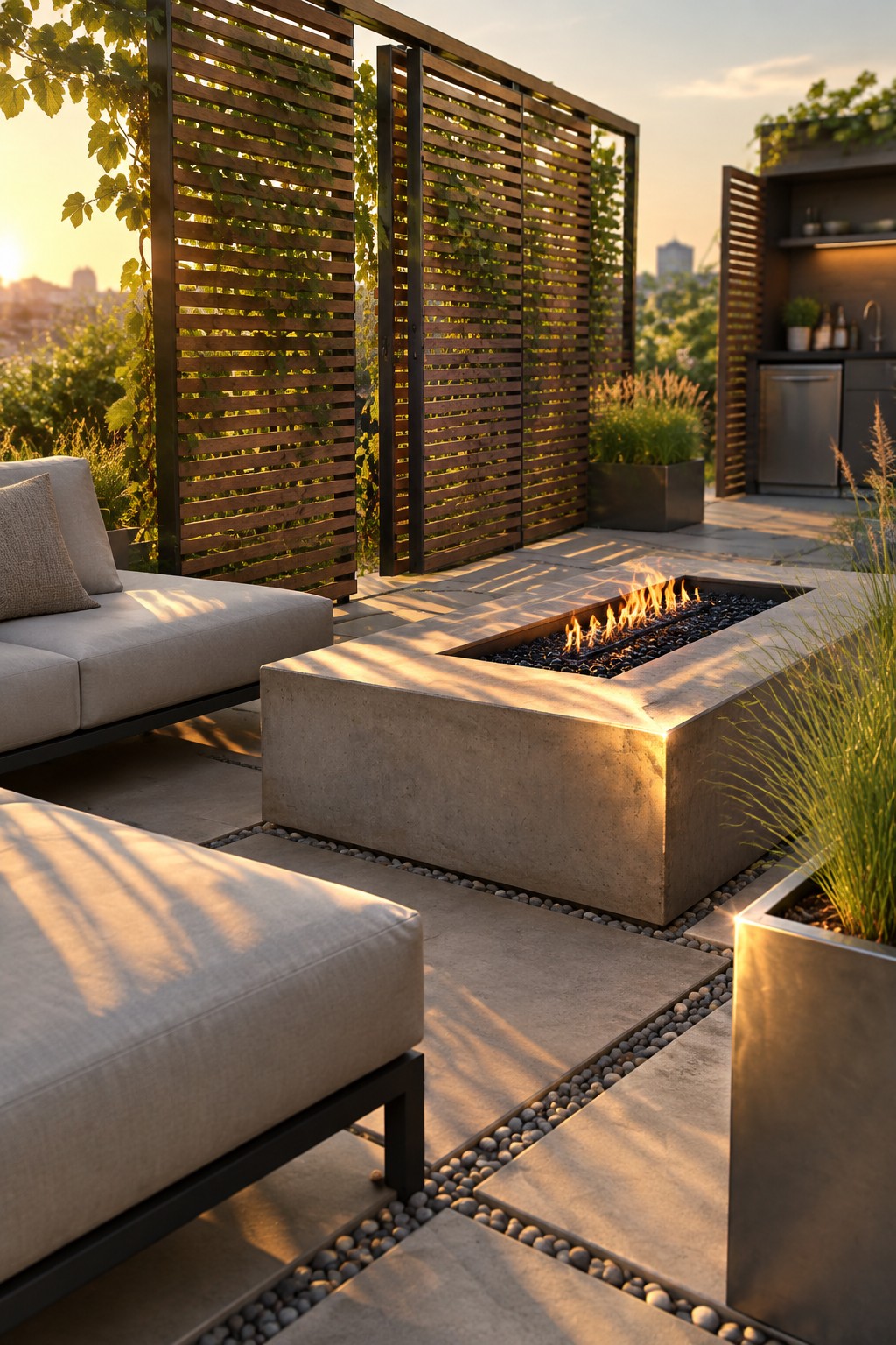 Modern rooftop patio with concrete fire pit, beige sofa, wooden screens at sunset