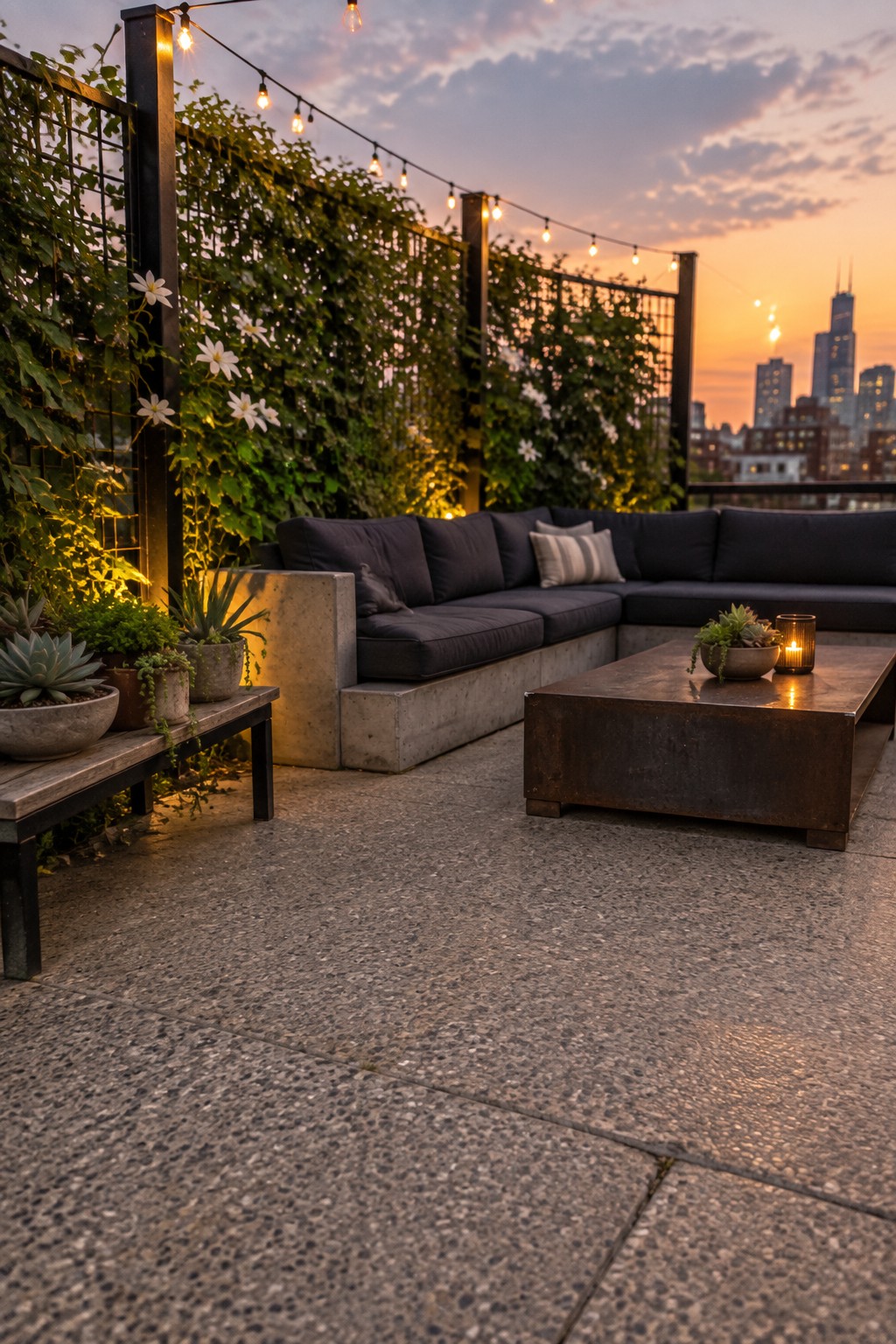 Rooftop patio with dark sectional sofa, metal coffee table, potted succulents, and a black grid trellis covered in green climbing vines with white flowers at sunset.
