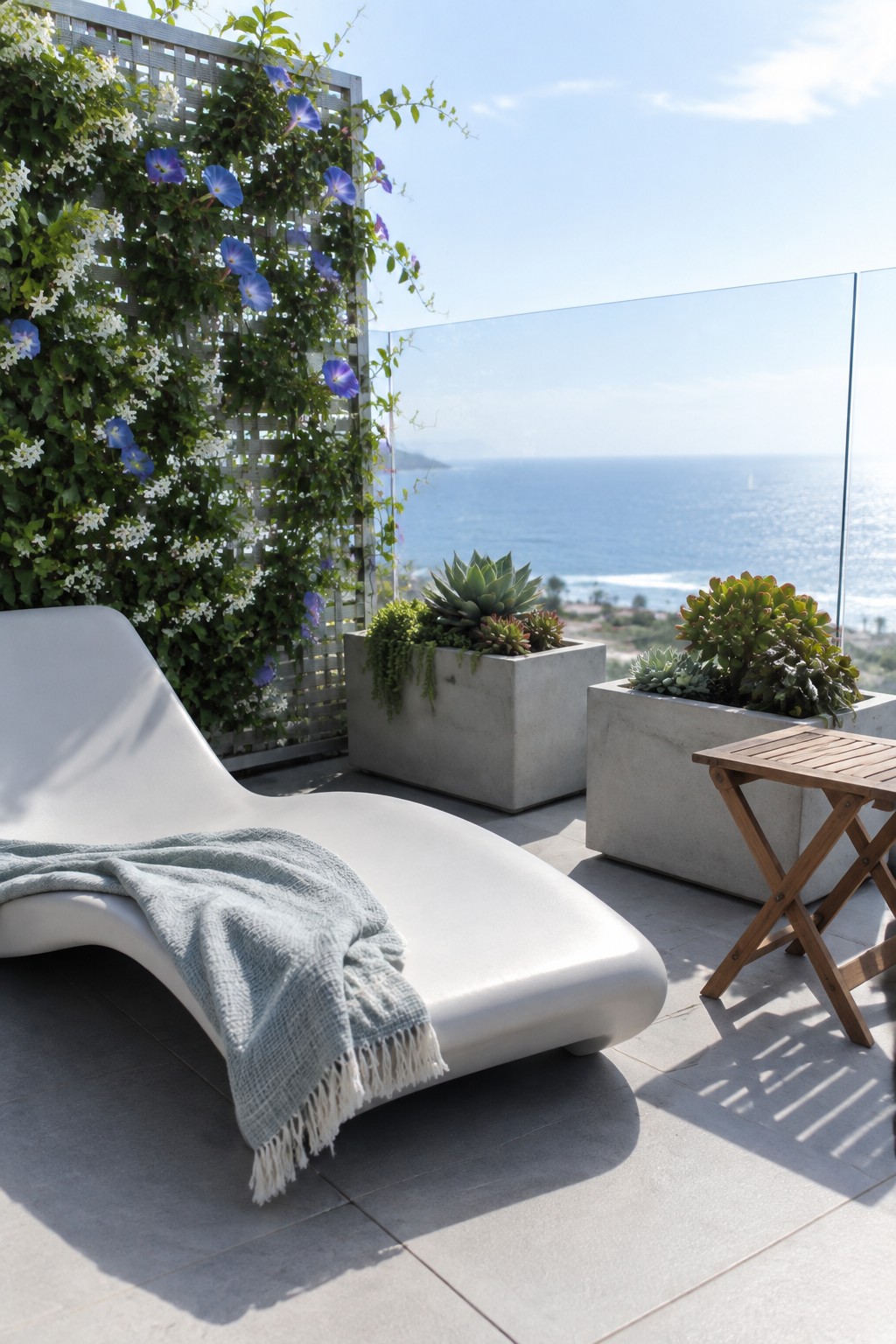 White chaise lounge with blue throw on sunny ocean-view patio with wooden table and blooming vines