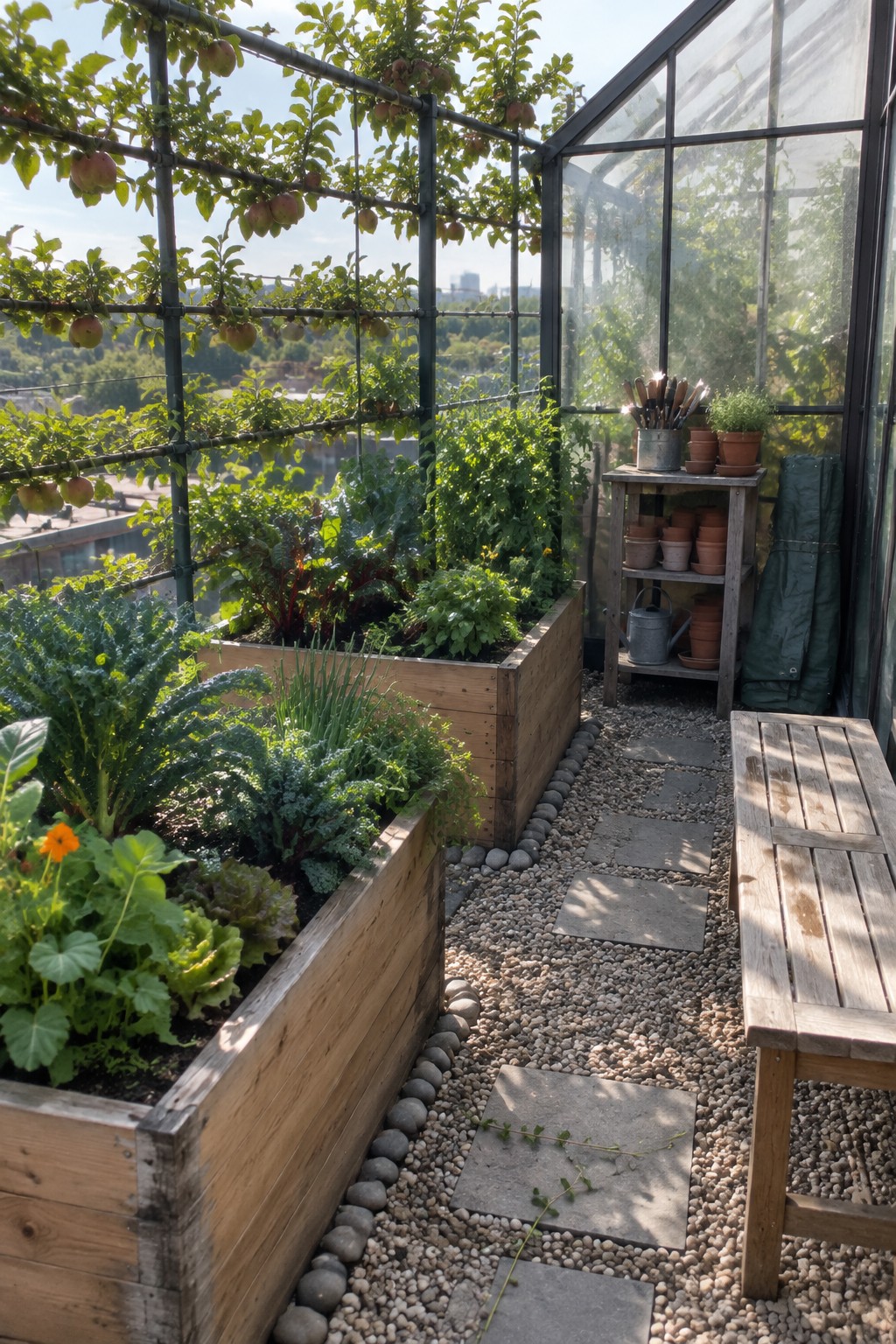 Rooftop garden with raised wooden beds, apple trellis, gravel path, and bench.