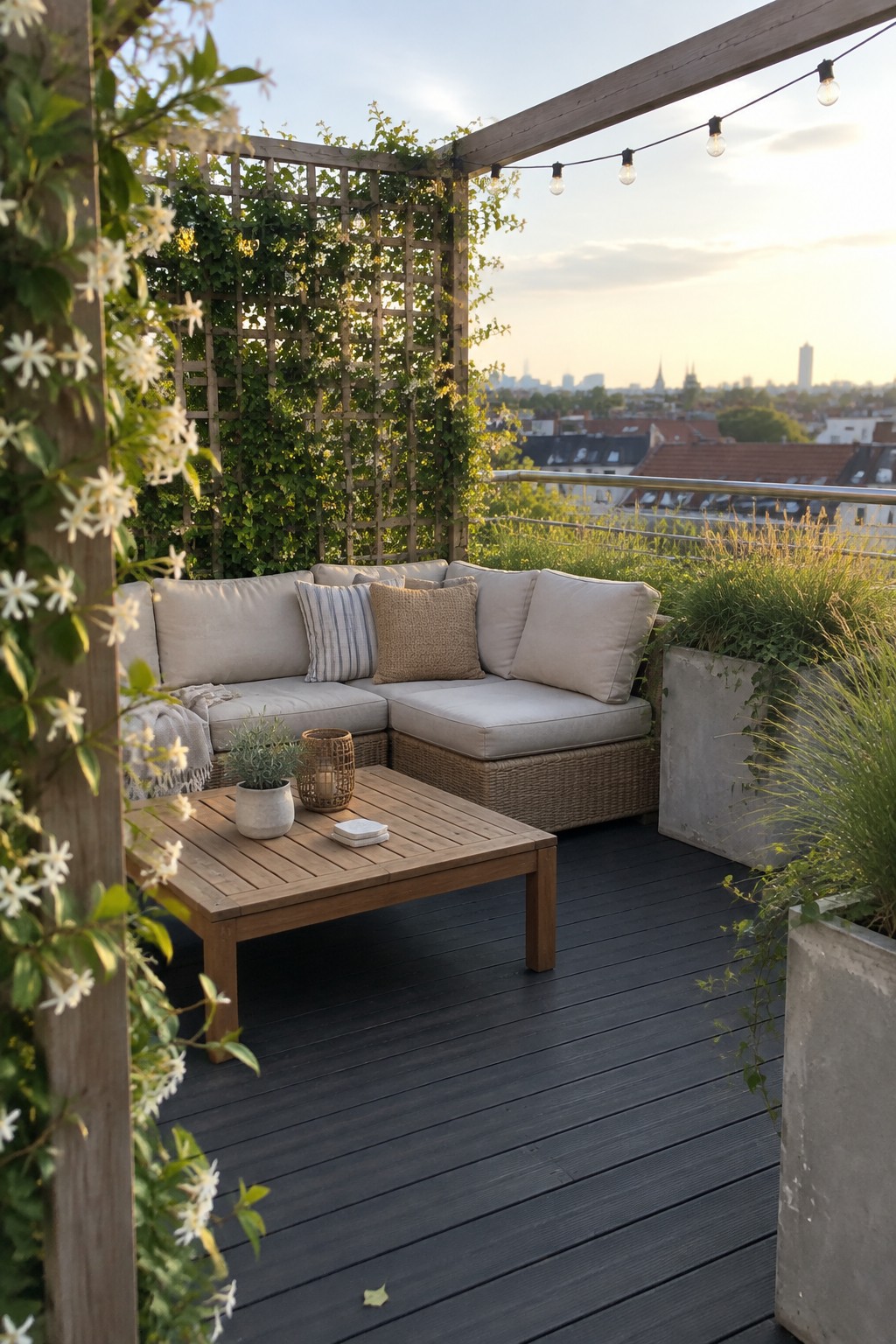 Cozy rooftop deck with beige sectional sofa, wooden table, string lights, vines, and city skyline.