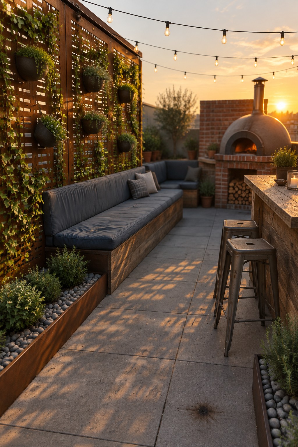 A rooftop patio shows a tall wooden trellis covered in climbing vines and hanging pots next to a long built-in bench with blue cushions.