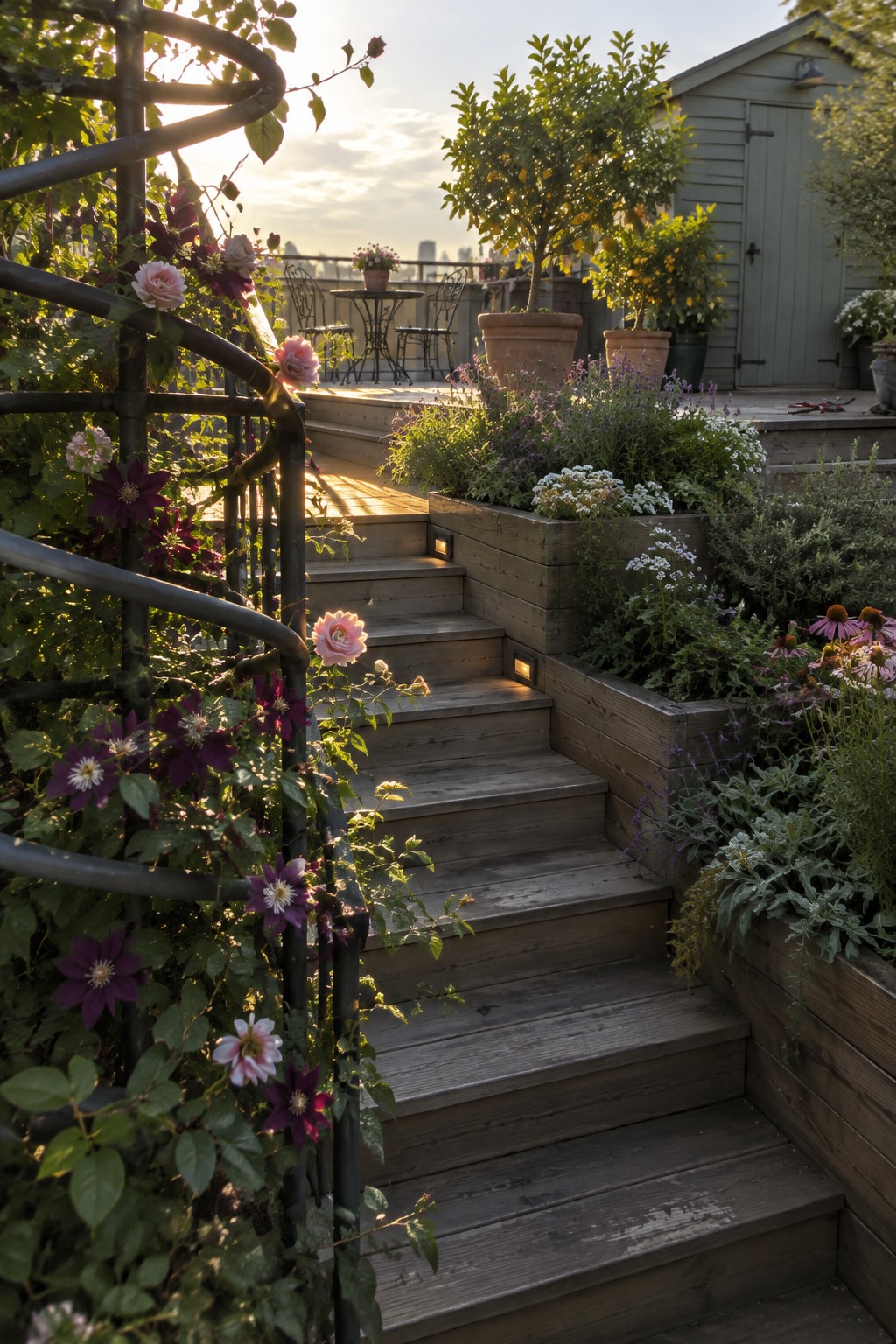 Wooden rooftop stairs bordered by built-in planters and a curved metal trellis covered in pink roses and purple clematis.