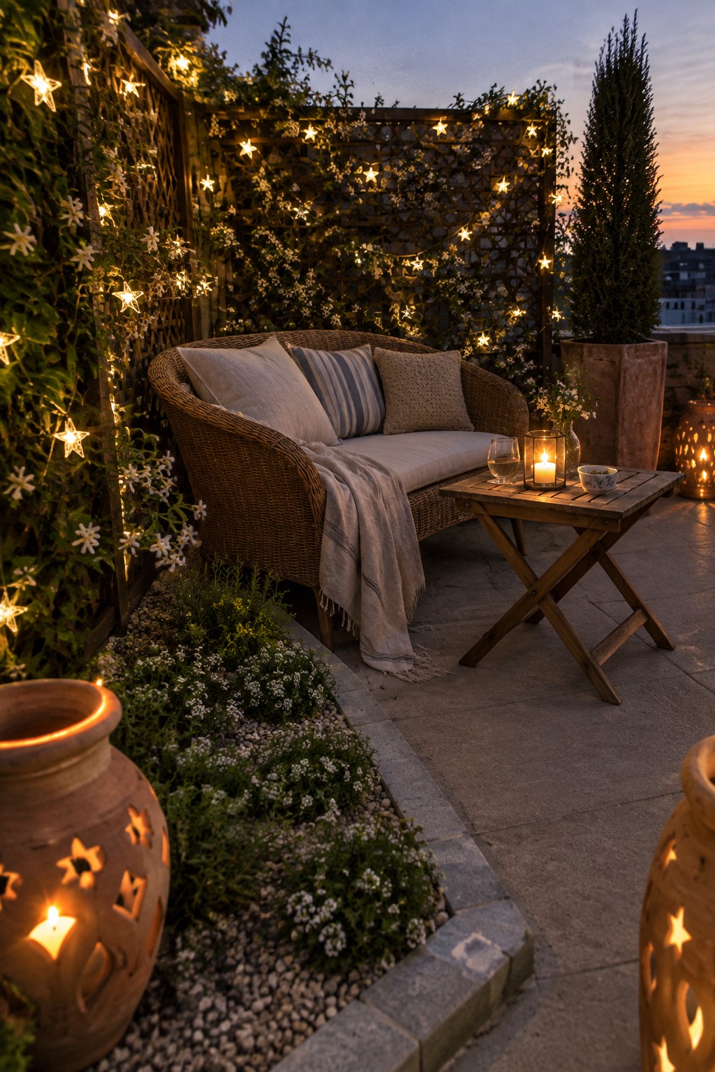 Cozy wicker sofa on patio with string lights, wooden table, and glowing lanterns at dusk