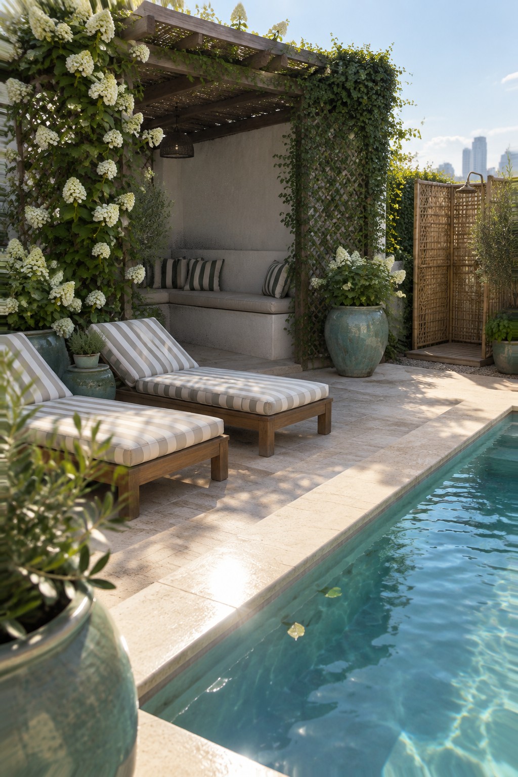Poolside patio with striped lounge chairs, pergola, vines, and large ceramic pots